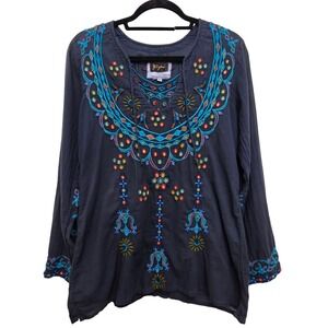 Biya Johnny‎ Was Tunic Women XS Navy Blue Embroidered Cotton Boho Blouse Top